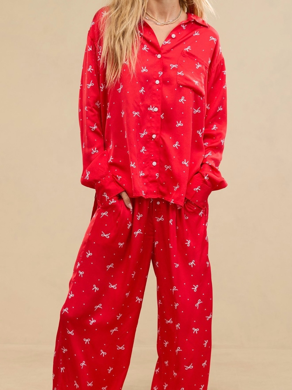 Aerie Off-Duty Satin Button-Down Polo Long Sleeve Bow Print Pajama Top Red XS